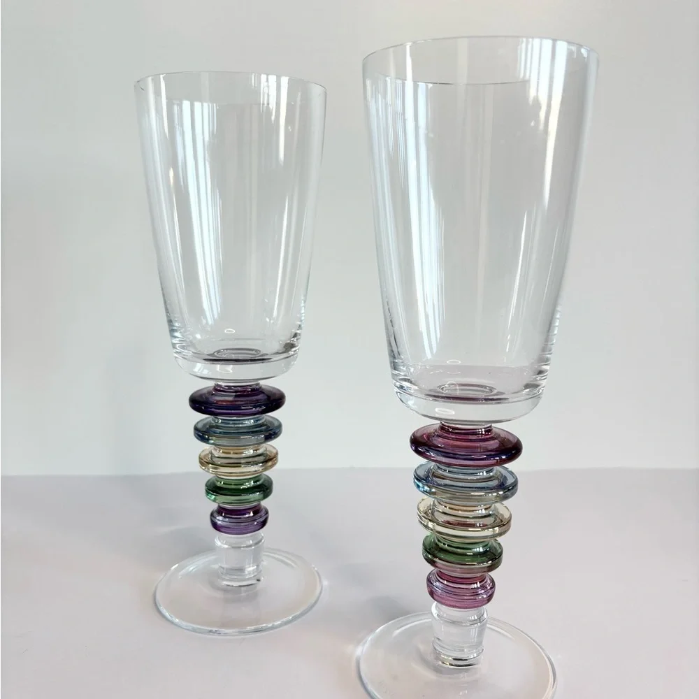Vintage Pair Block Crystal Carnival Wine / Water Goblet Glasses